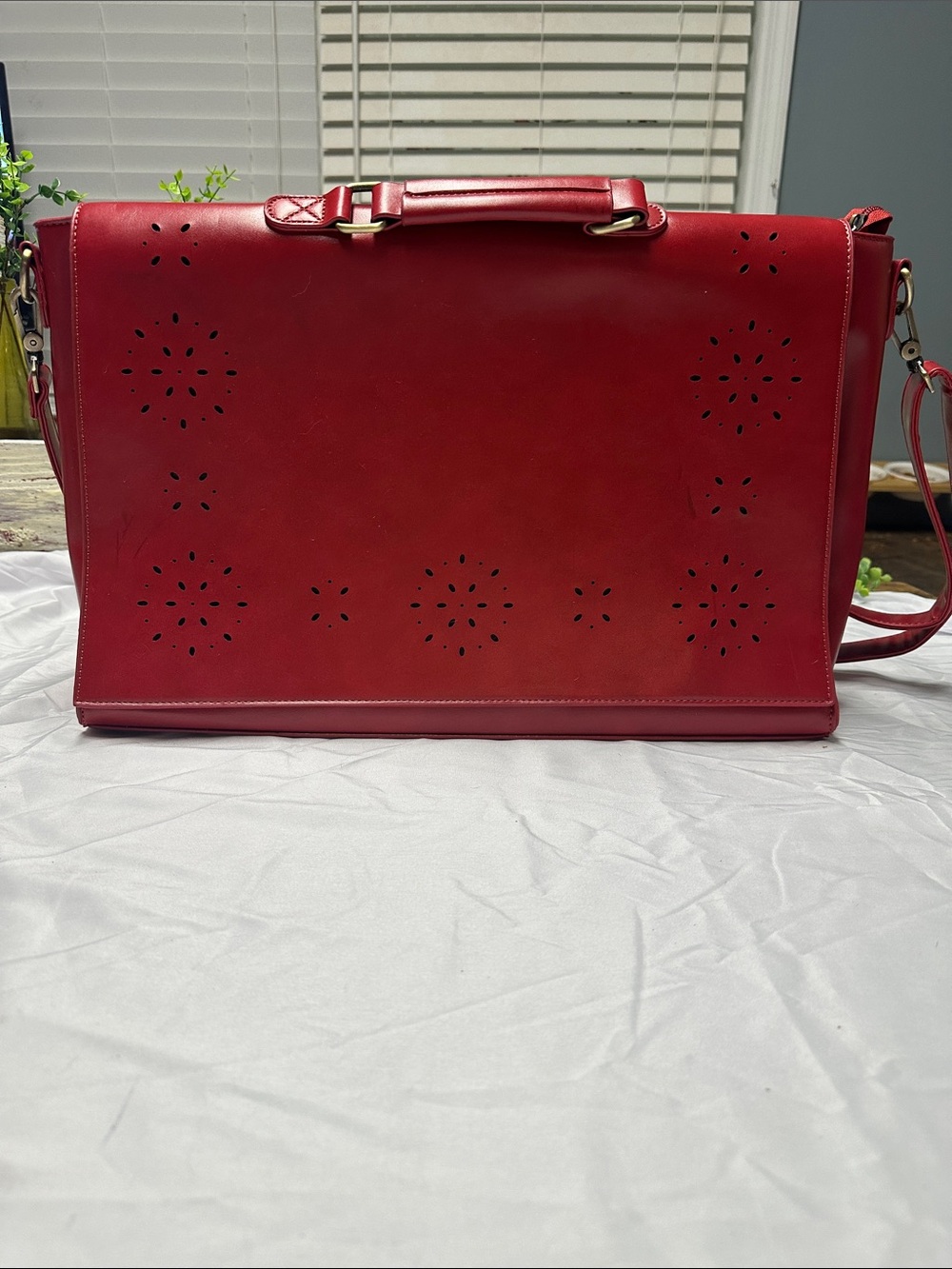 Walsa vintage style red laptop briefcase laser cut floral geometric pattern se